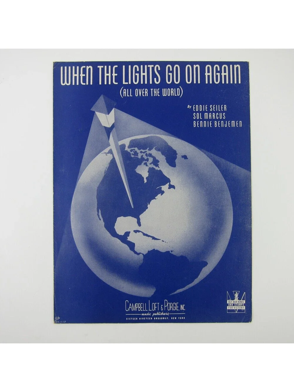 Sheet Music When the Lights Go on Again All Over the World WWII Vintage 1942